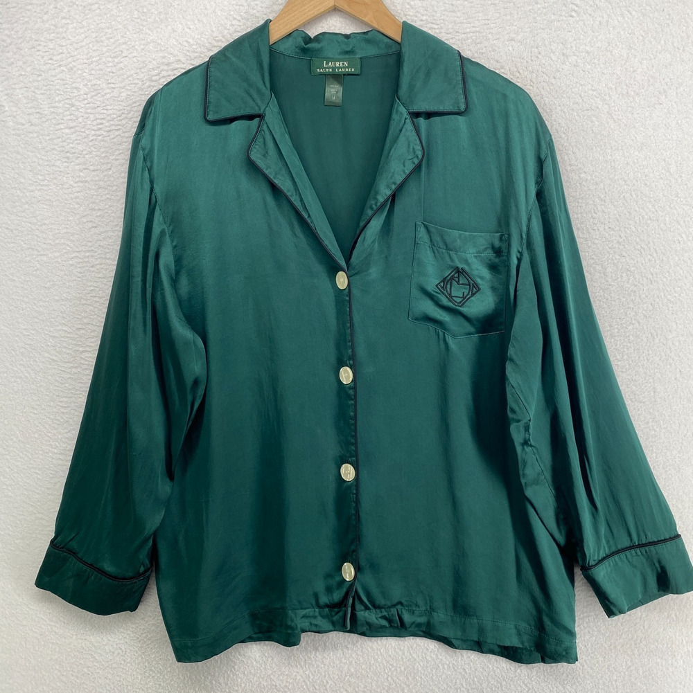LAUREN RALPH LAUREN Sleepshirt M Silk Satin Pajama Monogram Button Up Green